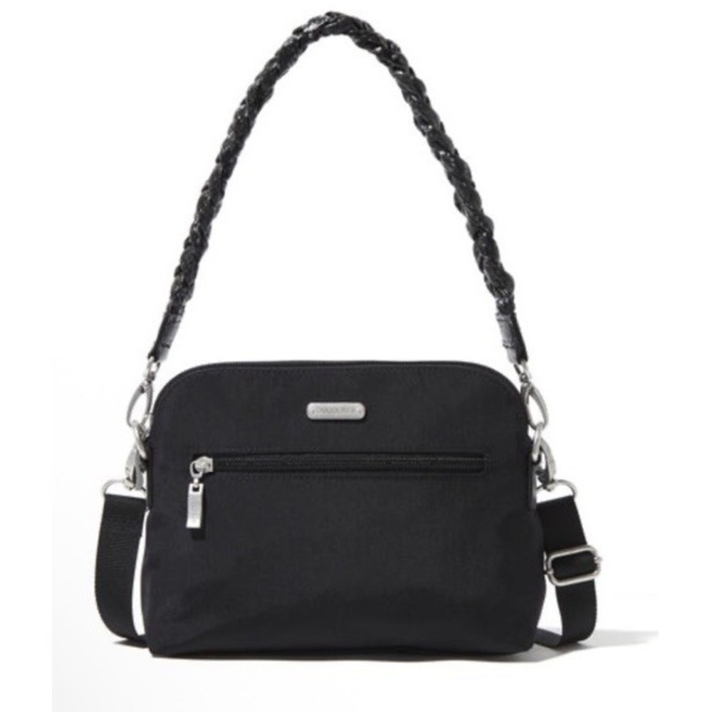 NWT $80 Baggallini Black Dome Crossbody W/ Braided Shoulder Strap Convertible